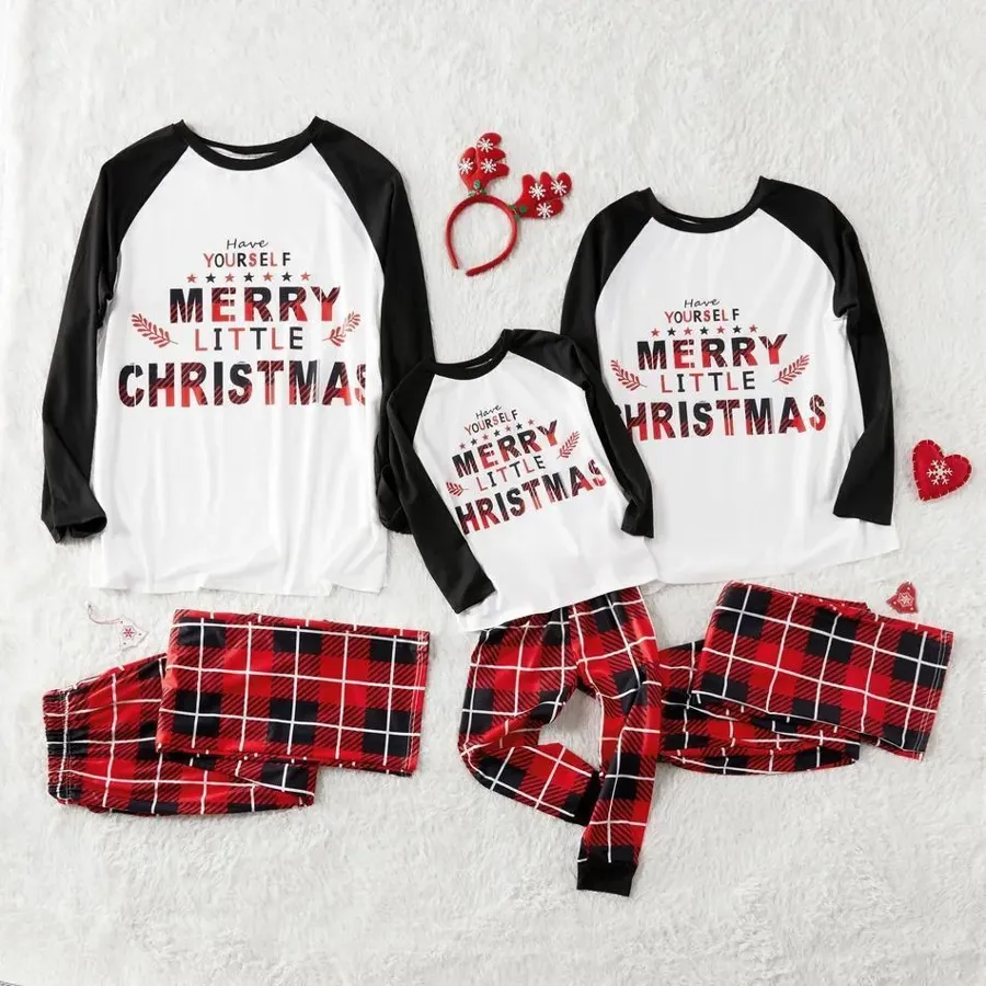 Christmas ' Have Yourself ' Contrast Top and Plaid Pants Matching Pajamas