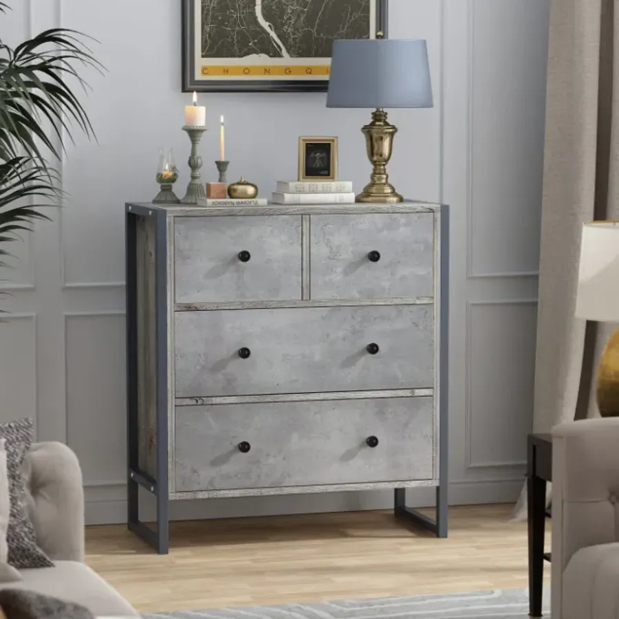 Wood 4 Drawer Dresser Grey Dresser with Metal Frame