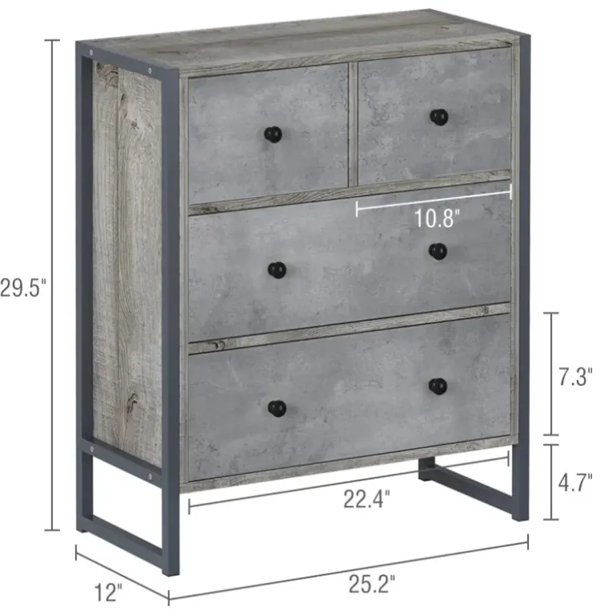 Wood 4 Drawer Dresser Grey Dresser with Metal Frame