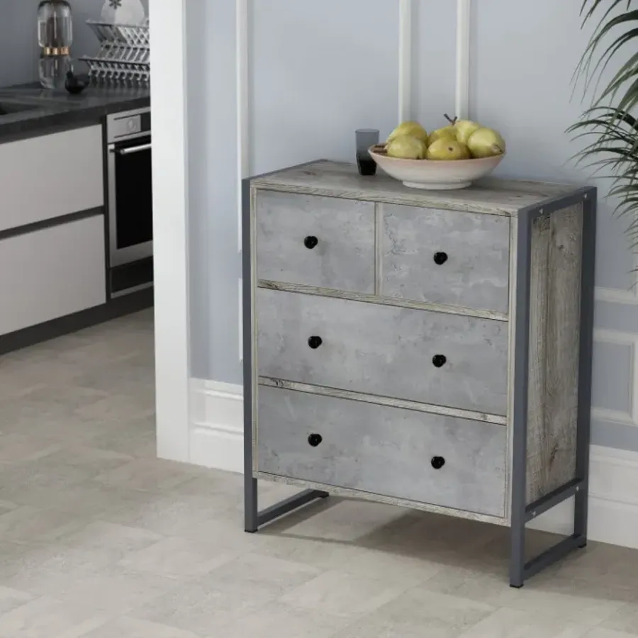 Wood 4 Drawer Dresser Grey Dresser with Metal Frame