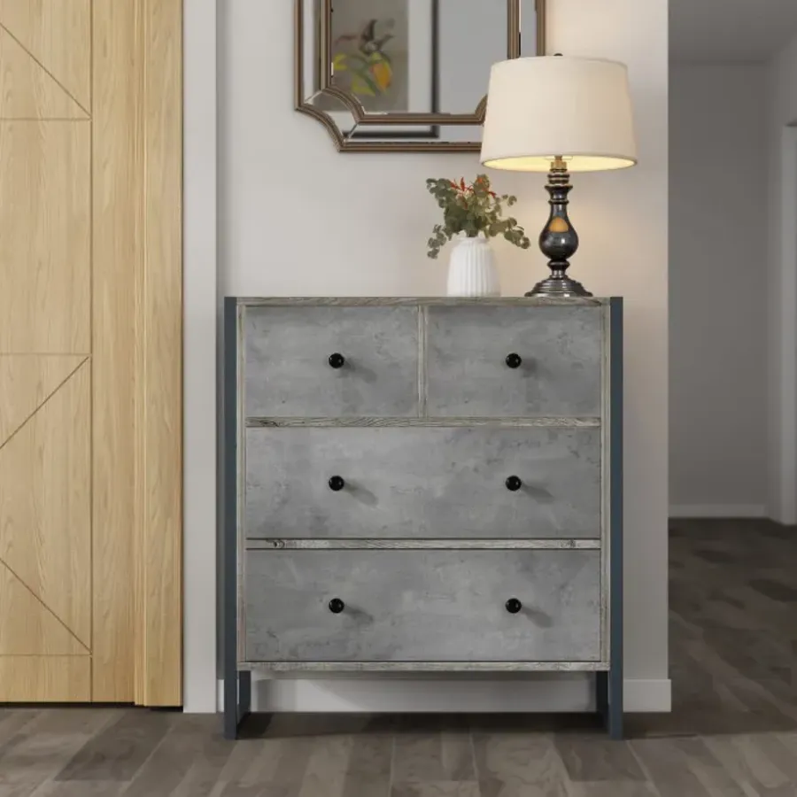 Wood 4 Drawer Dresser Grey Dresser with Metal Frame