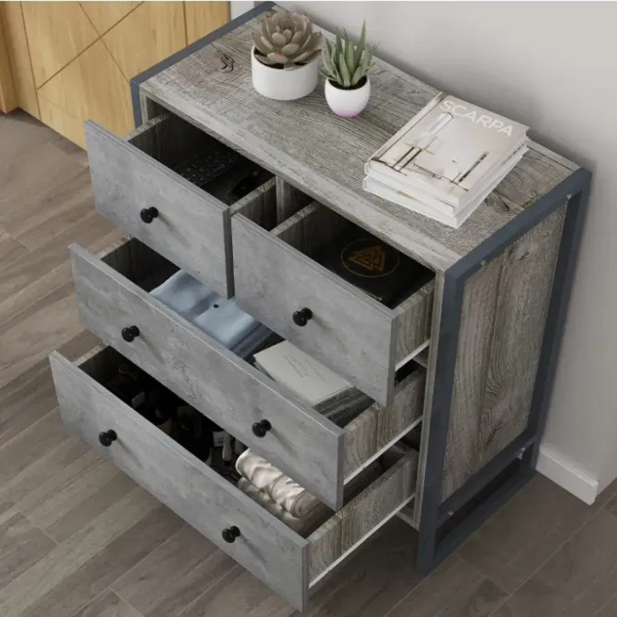 Wood 4 Drawer Dresser Grey Dresser with Metal Frame