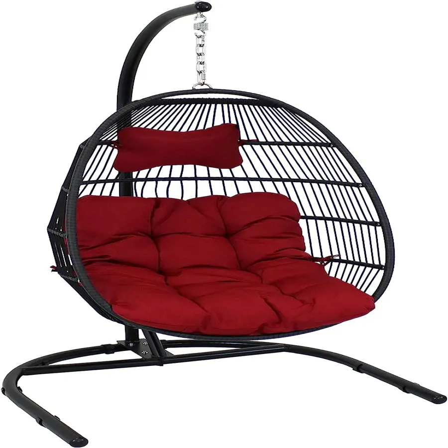 Hanging Egg Chair with Stand and Red Cushions