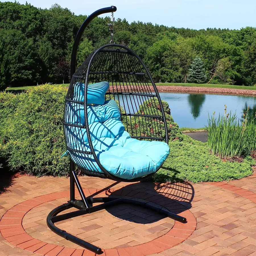 Hanging Egg Chair with Stand and Red Cushions