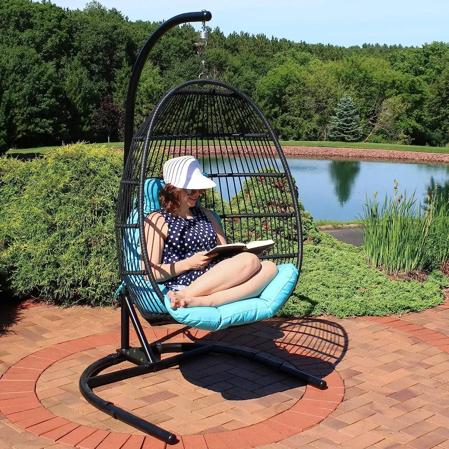 Hanging Egg Chair with Stand and Red Cushions