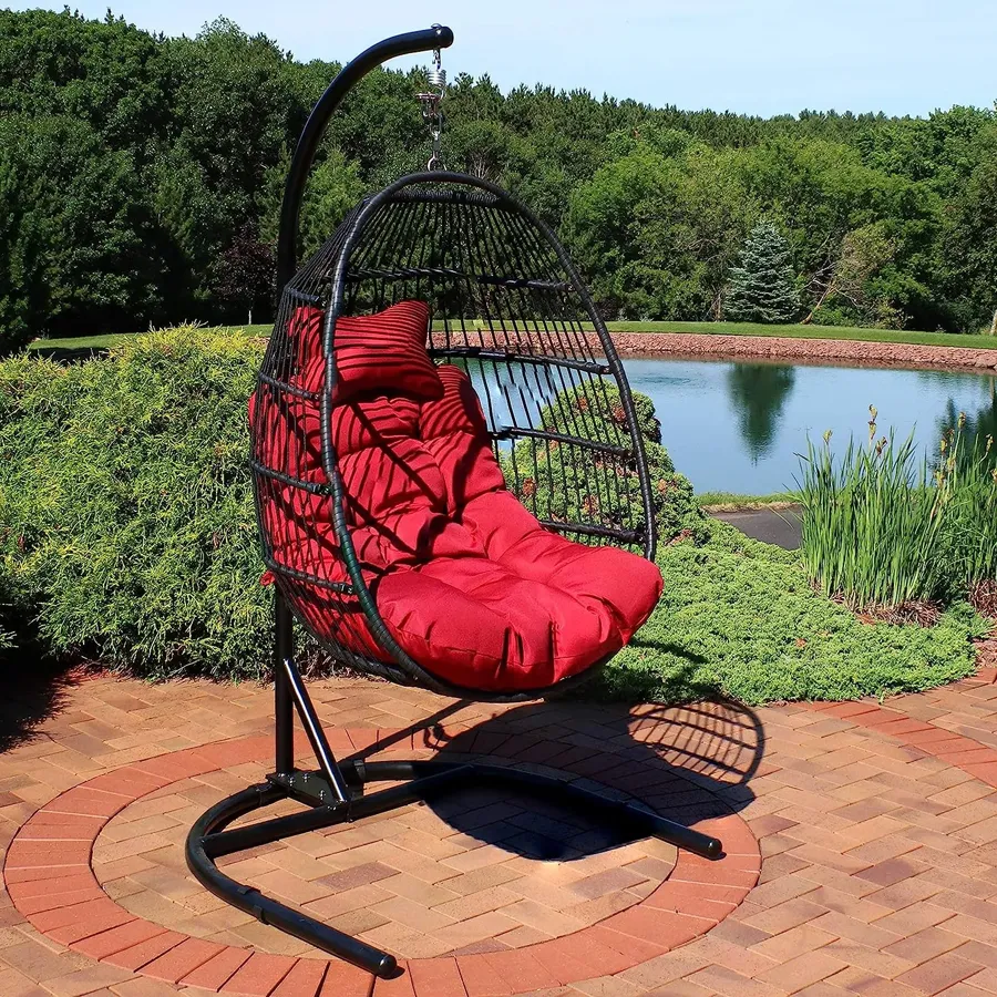 Hanging Egg Chair with Stand and Red Cushions