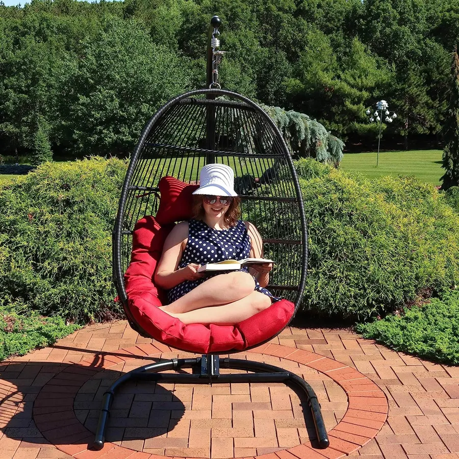 Hanging Egg Chair with Stand and Red Cushions