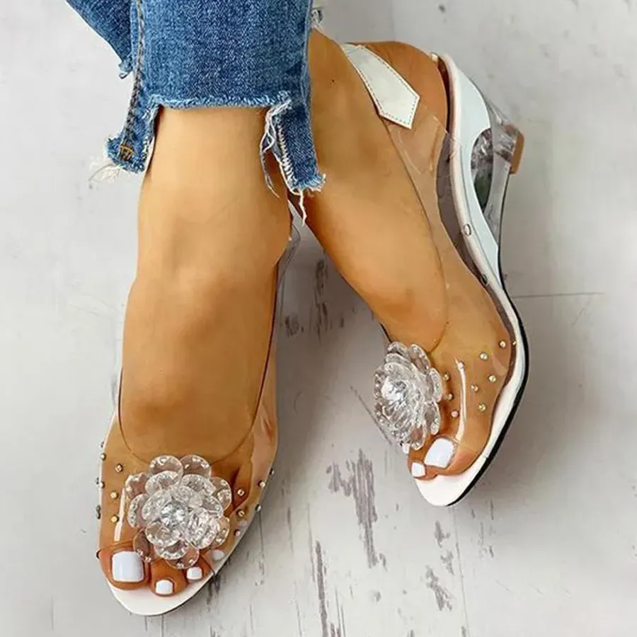 Studded Flower Design Transparent Sandals