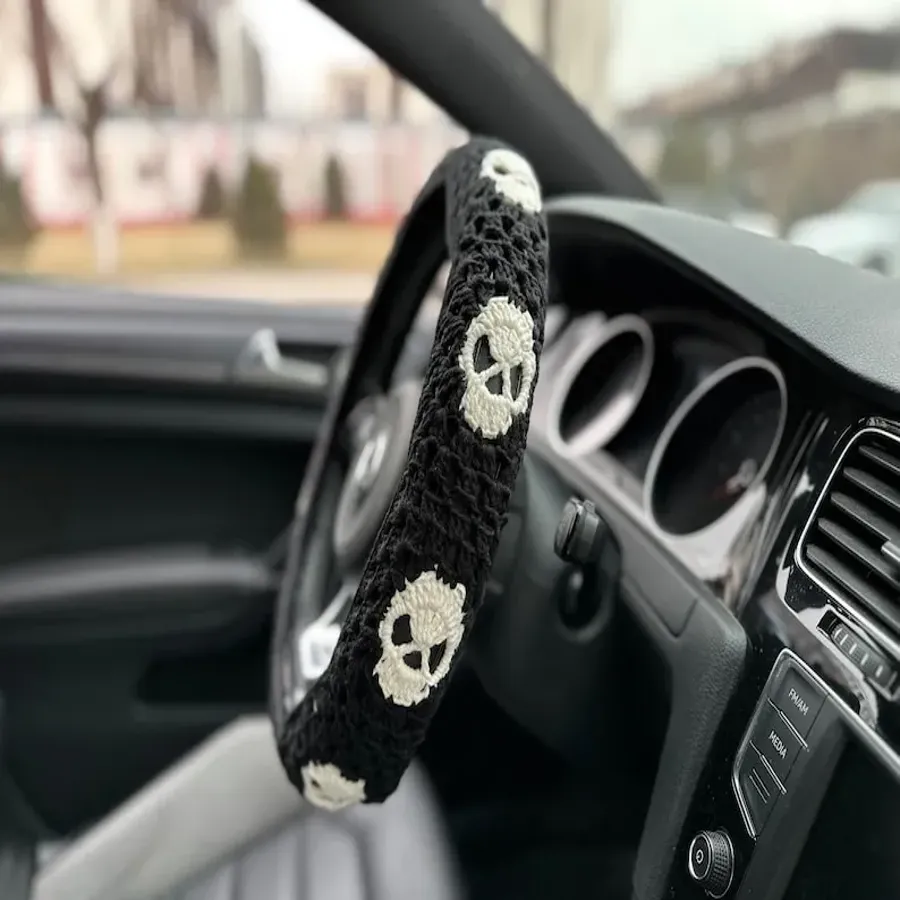 Black Skull Car Steering Wheel Cover