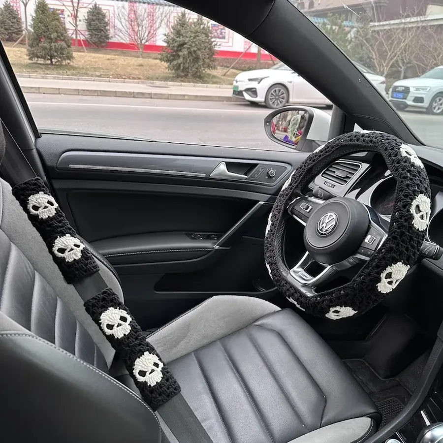 Black Skull Car Steering Wheel Cover